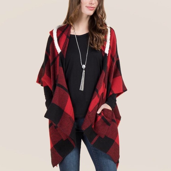 Francesca's Collections Accessories - Francesca’s Red Plaid Hooded Shawl
